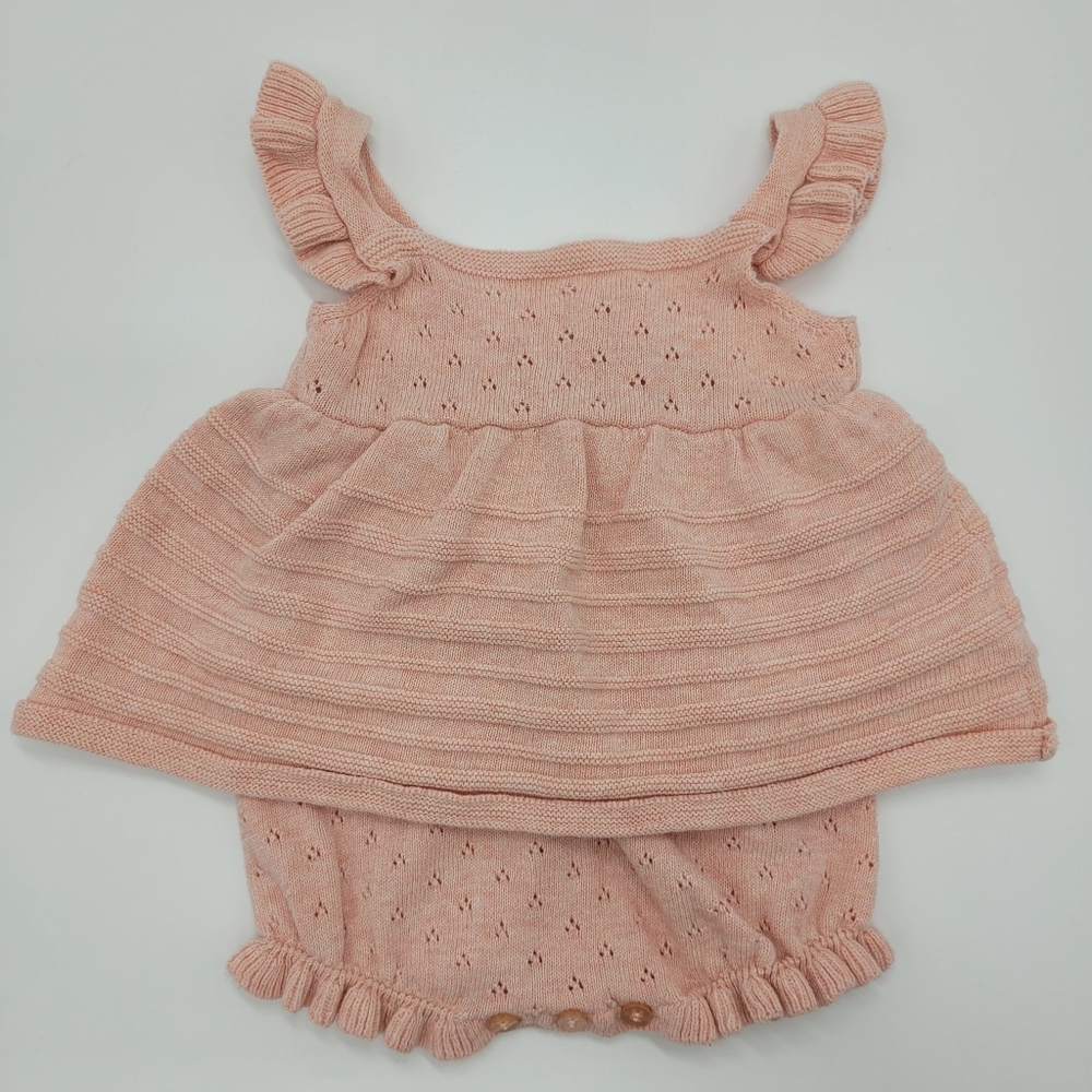 Stitch & Bean Knit Romper Marled Peachy Pink Ruffle Strap Button Closure Sz 3-6m